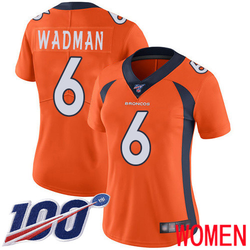 Women Denver Broncos #6 Colby Wadman Orange Team Color Vapor Untouchable Limited Player 100th Season Football NFL Jersey